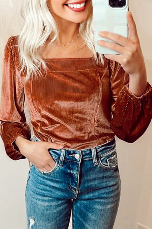Velvet Ribbed Texture Square Neck Puff Sleeve Top