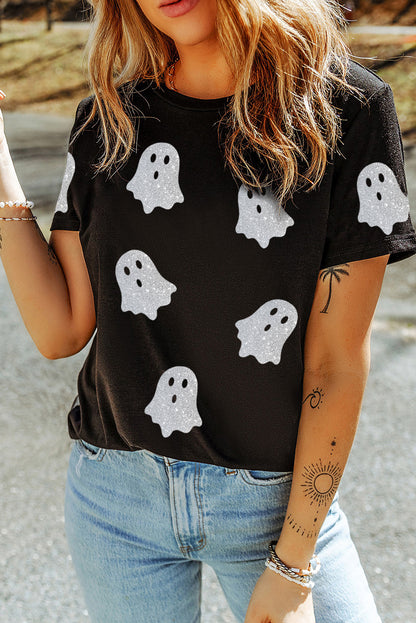 Black Glitter Ghost Pattern Halloween T Shirt