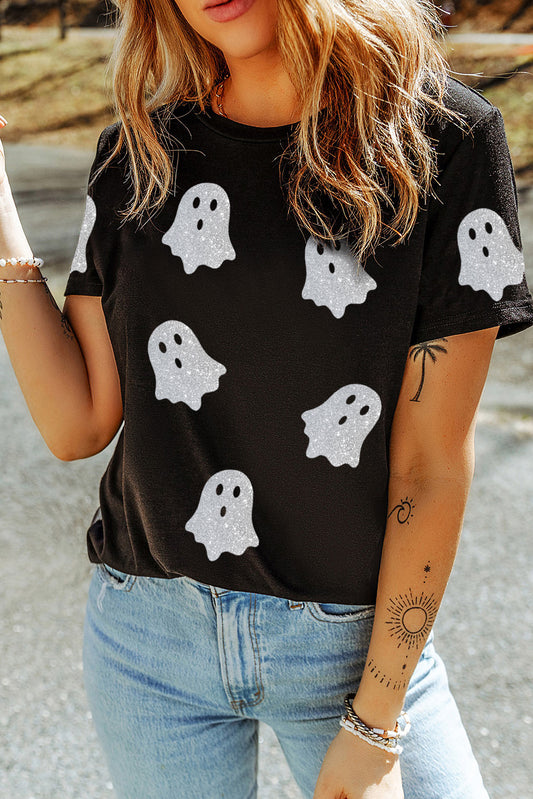 Black Glitter Ghost Pattern Halloween T Shirt