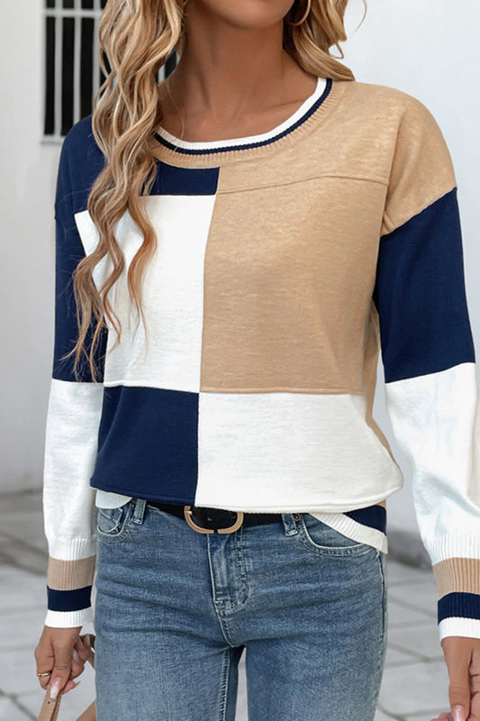 Colorblock Knit Pullover Crewneck Sweater Top