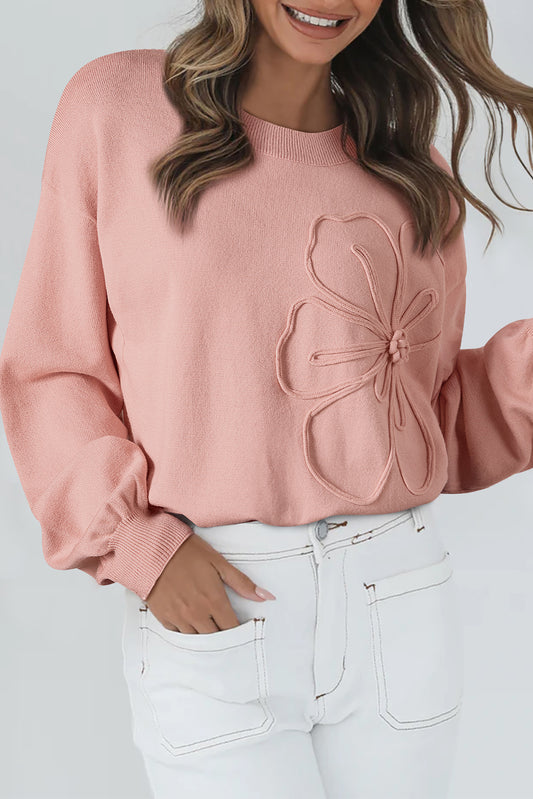 Blossom Big Flower Accent Bubble Sleeve Sweater