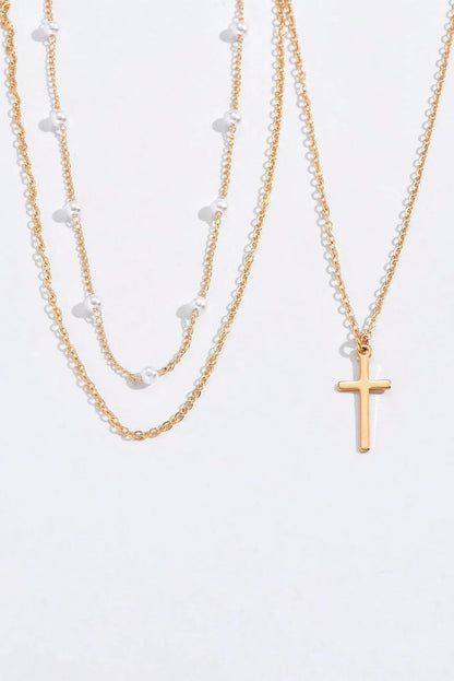 Gold Cross Pearl Layered Pendant Necklace