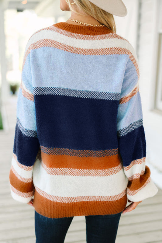 Color Block Round Neck Tunic Sweater Casual Long Sleeve
