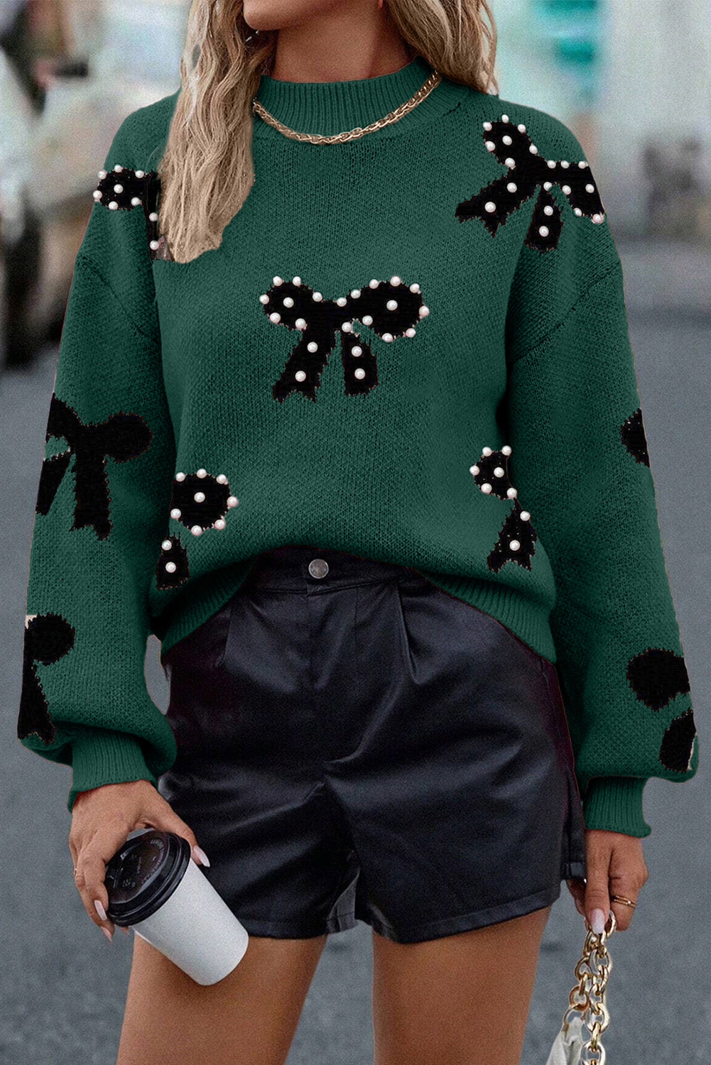 Racing Red Pearl Embellished Bow Pattern Loose Sweater