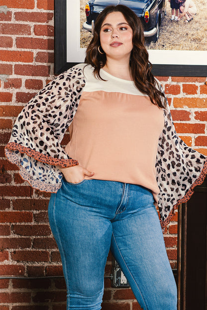 Khaki Printed Plus Ruffle Leopard Sleeve Waffled Top