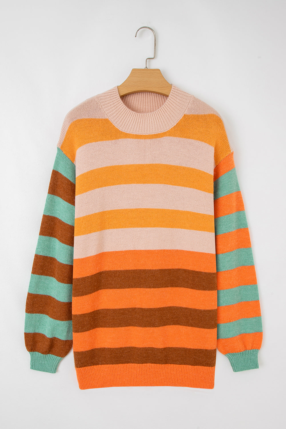 Stripe Color Block High Neck Drop Shoulder Cozy Sweater