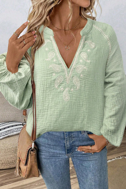 Boho Embroidered Cotton V-Neck Blouse Puff Sleeves Top