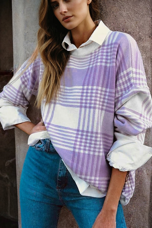 Plaid Print Ribbed Trim Loose Sweater in Lilac