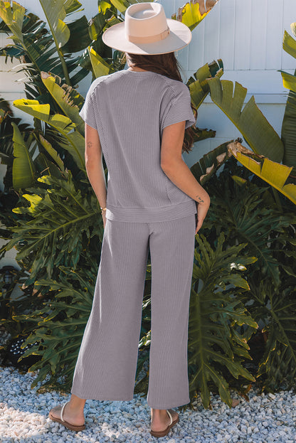 Solid Knit Short Sleeve Top and Wide Leg Pants Set