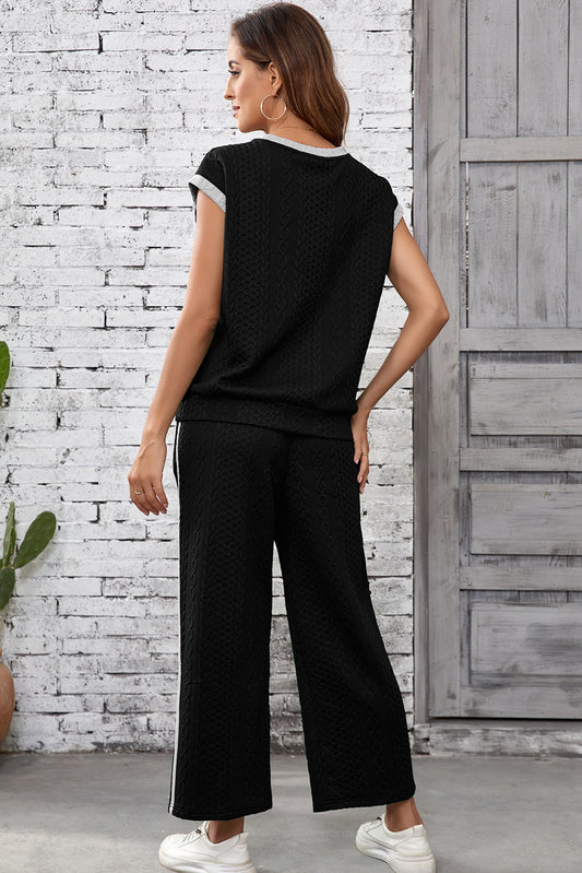 Cable Knit Contrast Trim Top and Pants Set