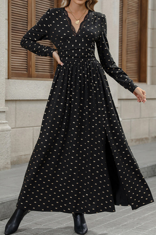 Vintage Bow Print V Neck Long Sleeve Maxi Dress