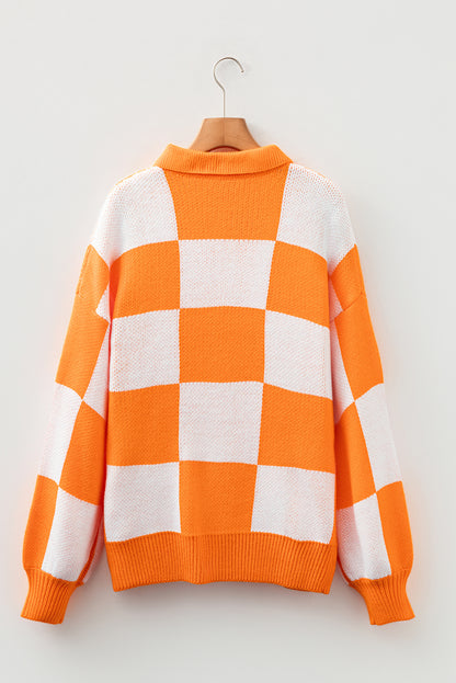 Checkered Pattern Polo Collar Loose Knit Sweater