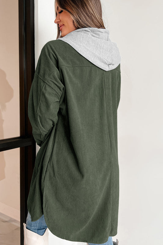 Jungle Green Corduroy Hooded Shacket for Fall