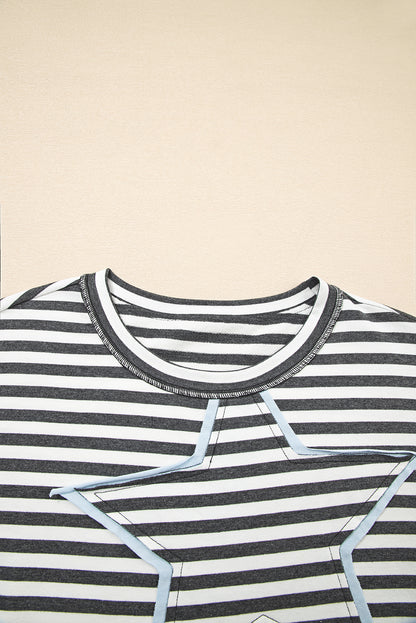 Gray Stripe Knit Top with Star Patch Detail