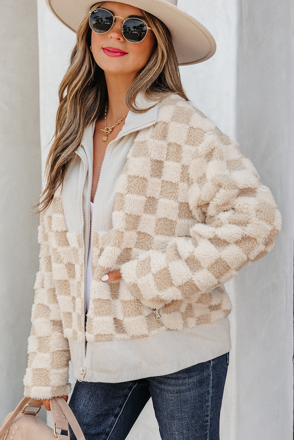 Khaki Checkered Sherpa Zip Up Jacket for Fall