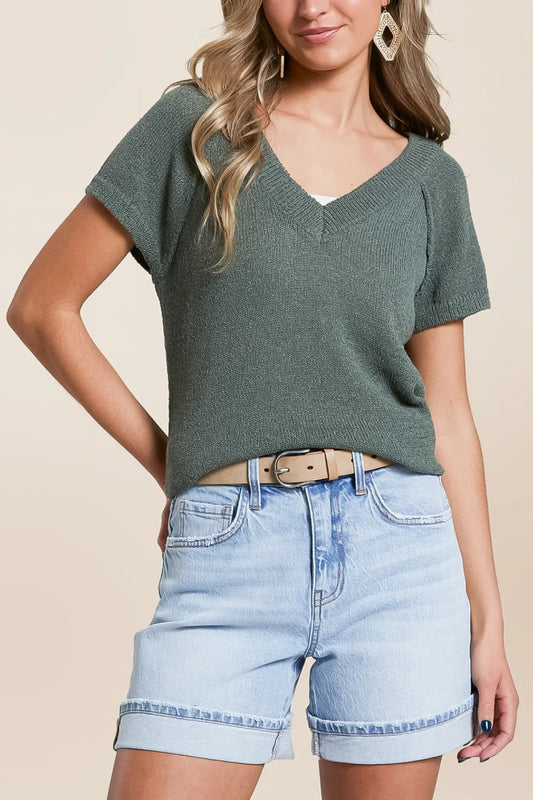 V Neck Short Sleeve Sweater Lightweight Knit Top