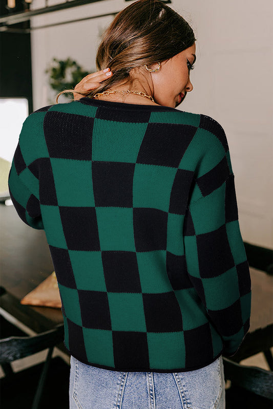 Checked Notched Neckline Drop Shoulder Knit Sweater