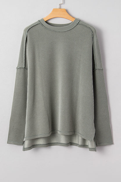 Twist Ribbed Exposed Seam Detail Long Sleeve Loose Top