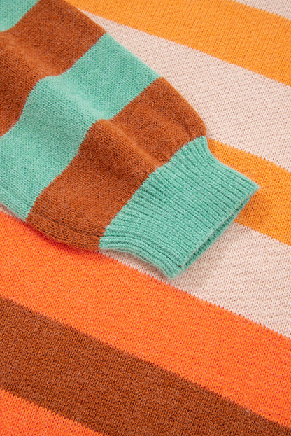 Stripe Color Block High Neck Drop Shoulder Cozy Sweater