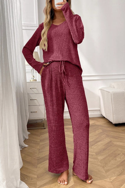 Womens Ribbed Knit Lounge Set Off Shoulder Pajama