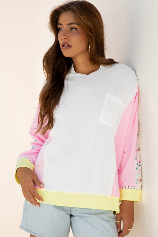 Floral Colorblock Chest Pocket Long Sleeve Top
