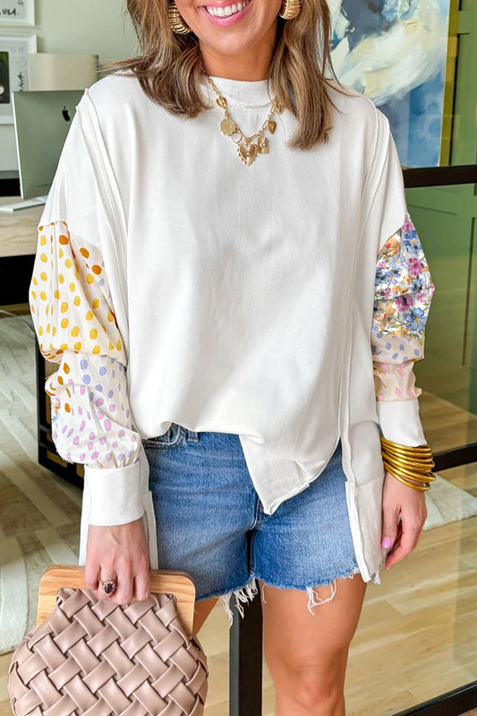 White Colorblock Floral Polka Dot Patchwork Sweatshirt