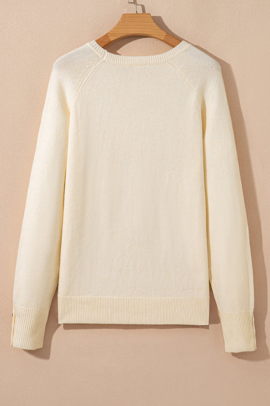 Buttoned Bishop Sleeve Crew Neck Sweater