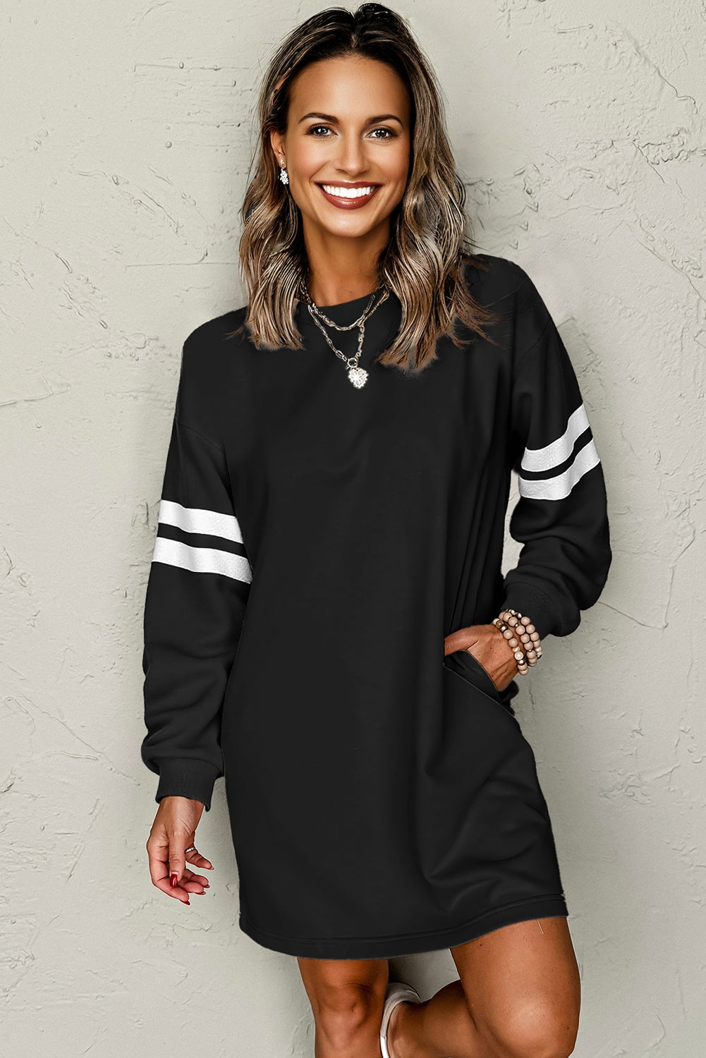 Varsity Contrast Banded Sleeve Shift Sweatshirt Dress