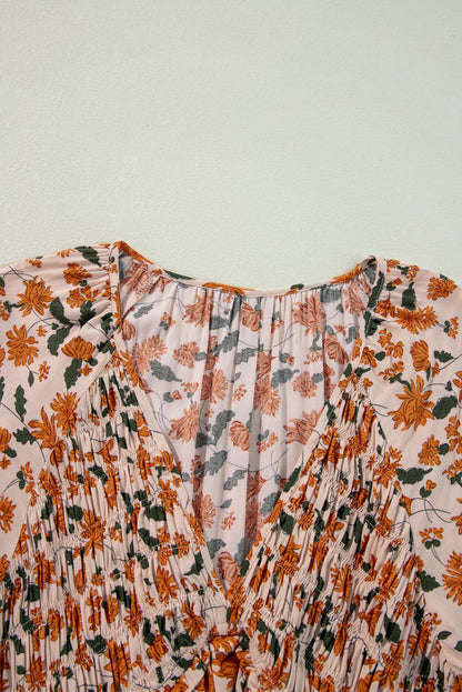 Floral V Neck Smocked Bust Bubble Sleeve Mini Dress
