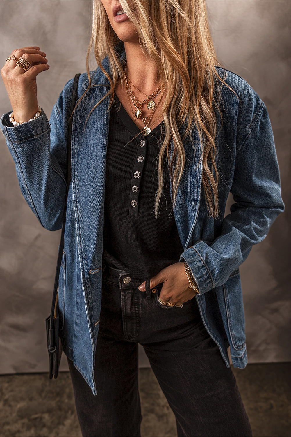 Black Denim Jacket with Lapel Collar and Side Pockets
