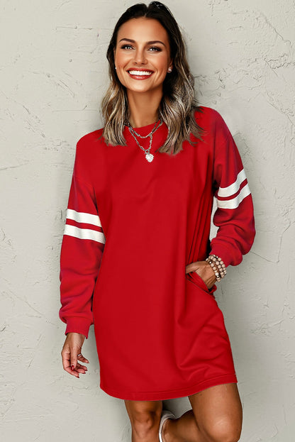 Varsity Contrast Banded Sleeve Shift Sweatshirt Dress