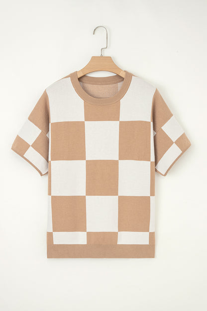 Checkered Colorblock Loose Knit Half Sleeve Sweater
