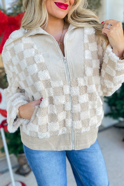 Khaki Checkered Sherpa Zip Up Jacket for Fall