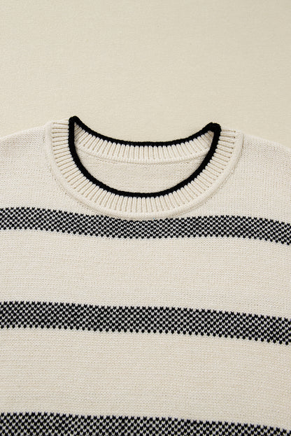 Apricot Stripe Drop Shoulder Crew Neck Knit Sweater