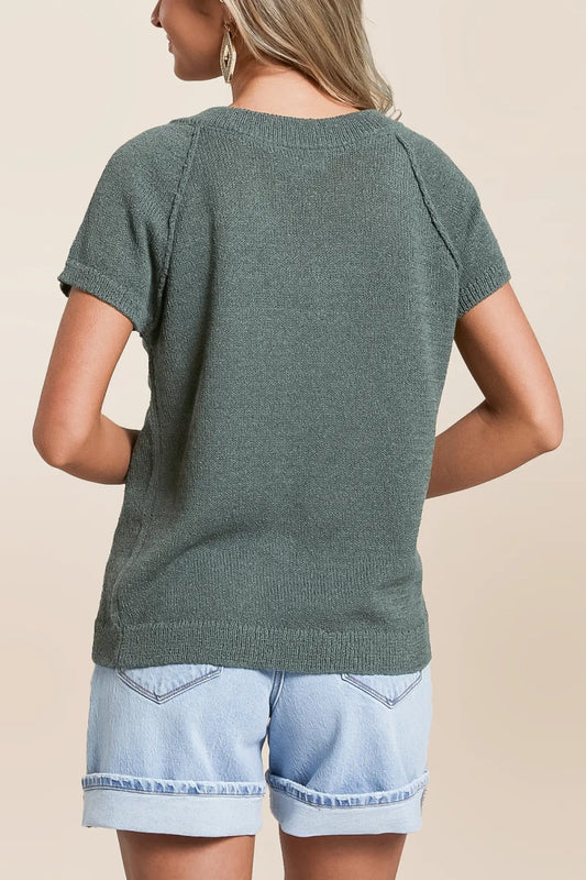 V Neck Short Sleeve Sweater Lightweight Knit Top