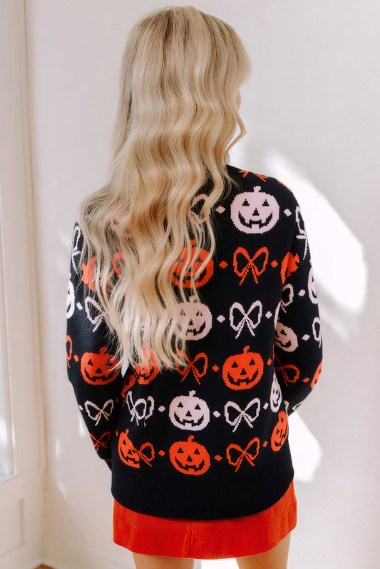Black Halloween Pumpkin Bow Knit V Neck Cardigan
