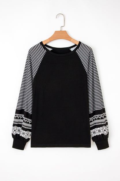 Contrast Print Striped Raglan Long Sleeve Loose Top