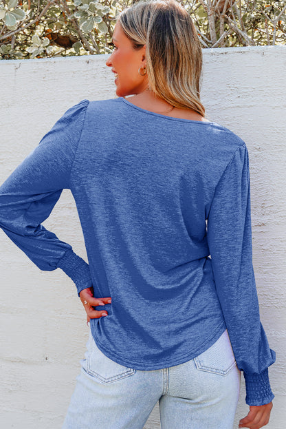 Shirred Shoulder Frilled Cuffs Long Sleeve Top