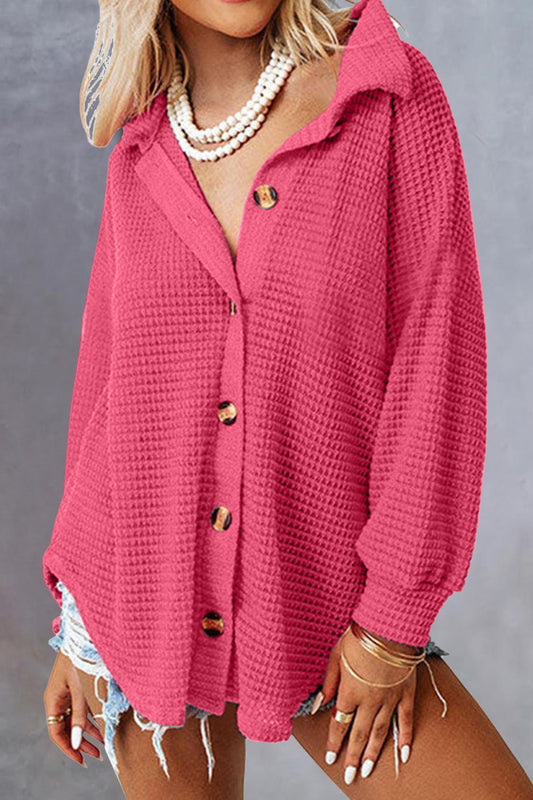 Waffle Knit Button Down Long Sleeve Shirt Top