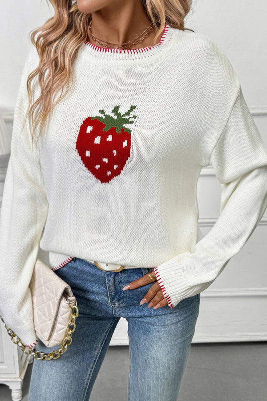 Strawberry Knit Pullover Sweater Casual Round Neck