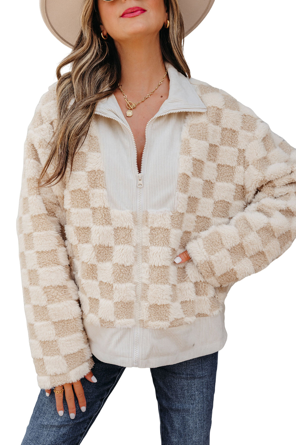 Khaki Checkered Sherpa Zip Up Jacket for Fall