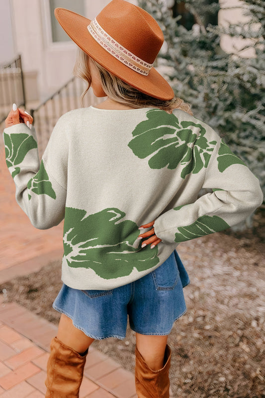 Bold Floral Pattern Wide Sleeve Oversized Sweater
