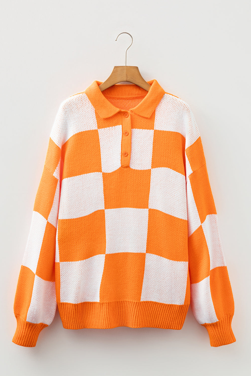 Checkered Pattern Polo Collar Loose Knit Sweater