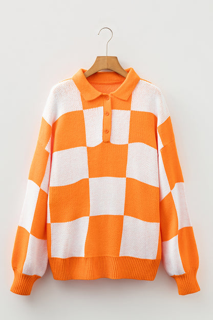 Checkered Pattern Polo Collar Loose Knit Sweater