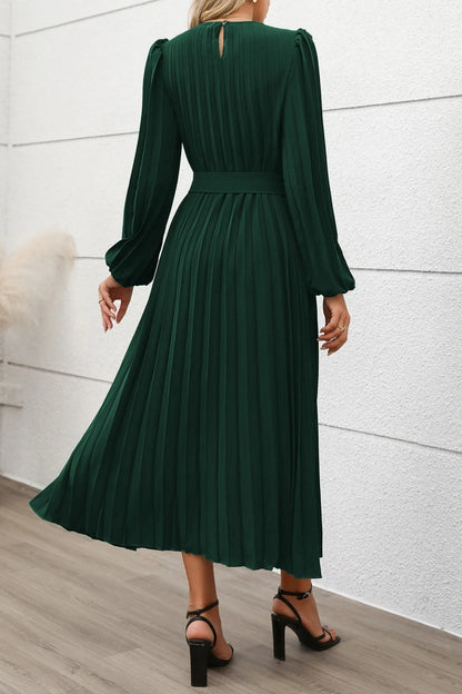 Elegant Fall Pleated Long Sleeve Belted Midi Dress