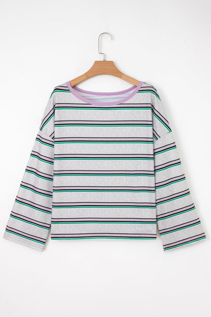 Purple Stripe Oversize Drop Shoulder Long Sleeve Casual Top