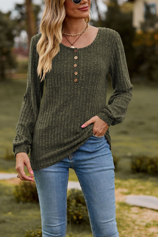 Ribbed Knit Button Front Casual Long Sleeve Top