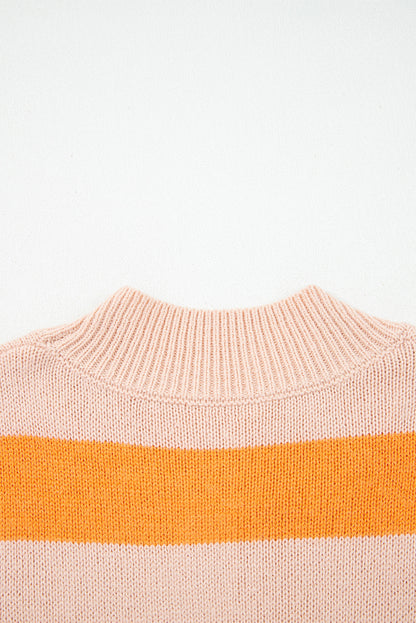 Stripe Color Block High Neck Drop Shoulder Cozy Sweater