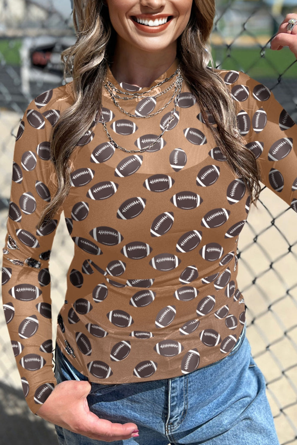 Game Day Football Print Sheer Long Sleeve Top
