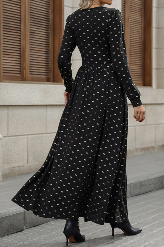 Vintage Bow Print V Neck Long Sleeve Maxi Dress